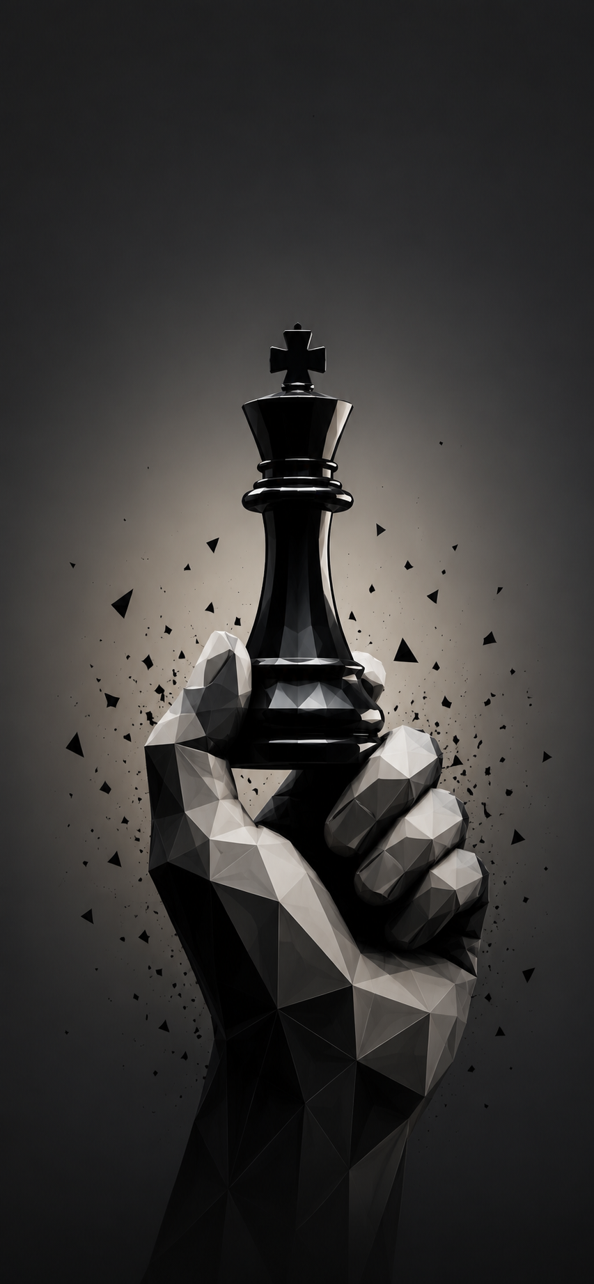 Low-poly geometric hand holding a glossy black chess king on a dark gray gradient with scattered particle fragments.