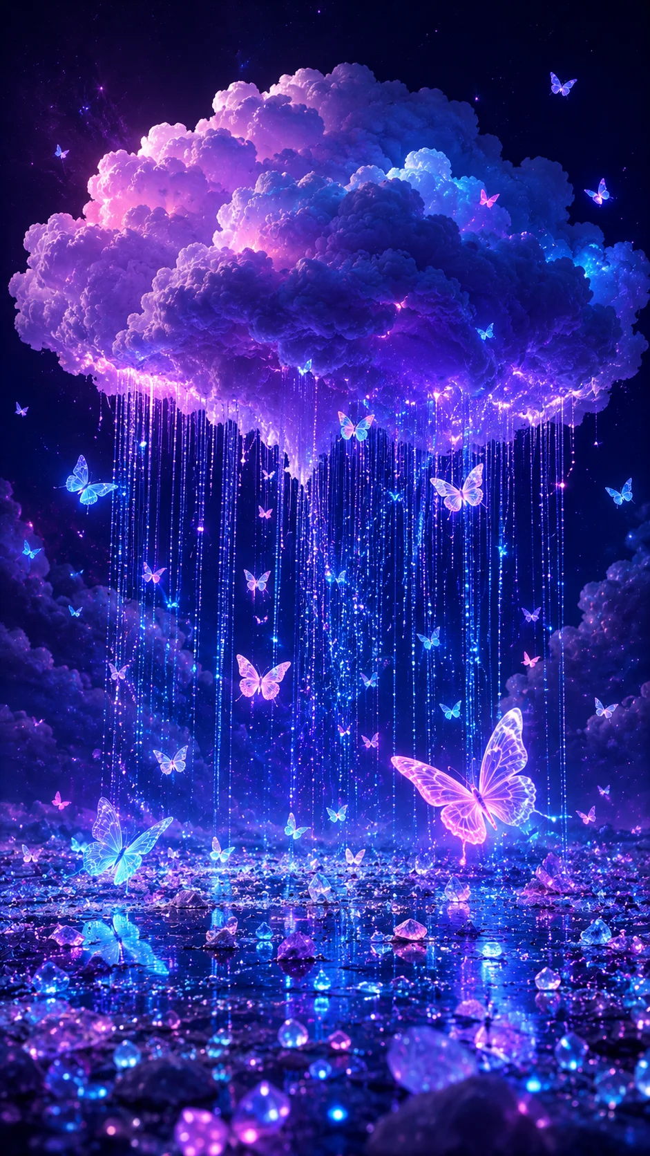 Dreamy fantasy cloud with glowing butterflies, violet light strands, and crystalline sparkle in a vertical composition.