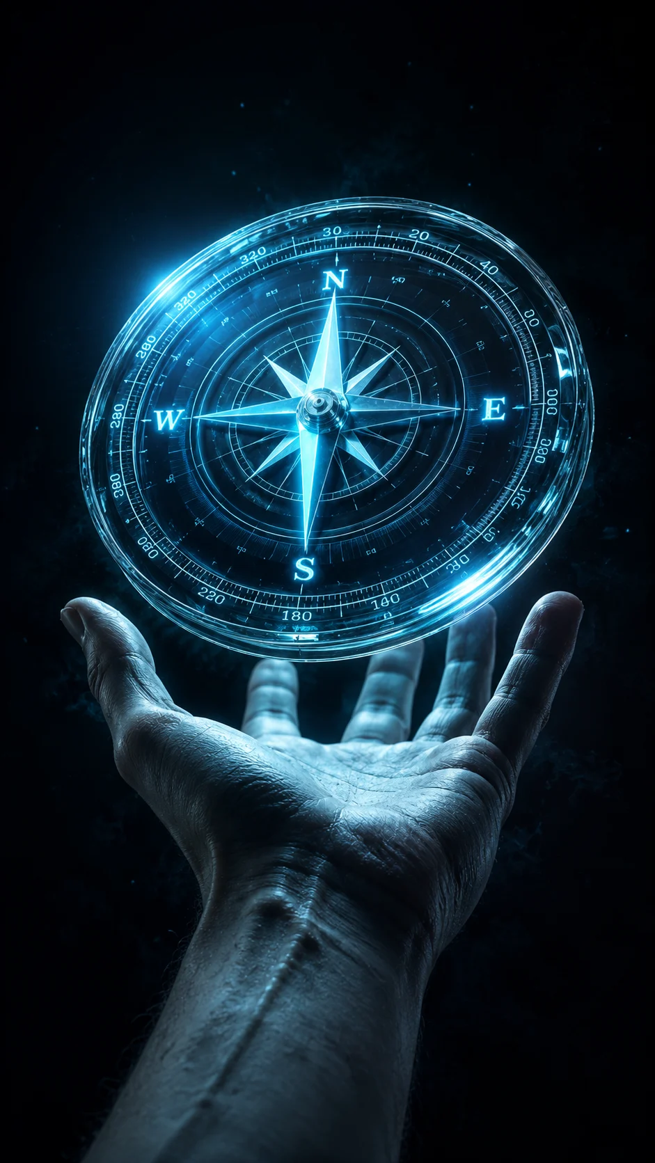 Glowing compass floating above a human hand in a dark surreal fantasy artwork with cyan light.