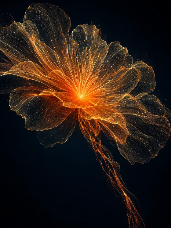 Glowing golden filament flower with transparent petals on a dark navy-black background.