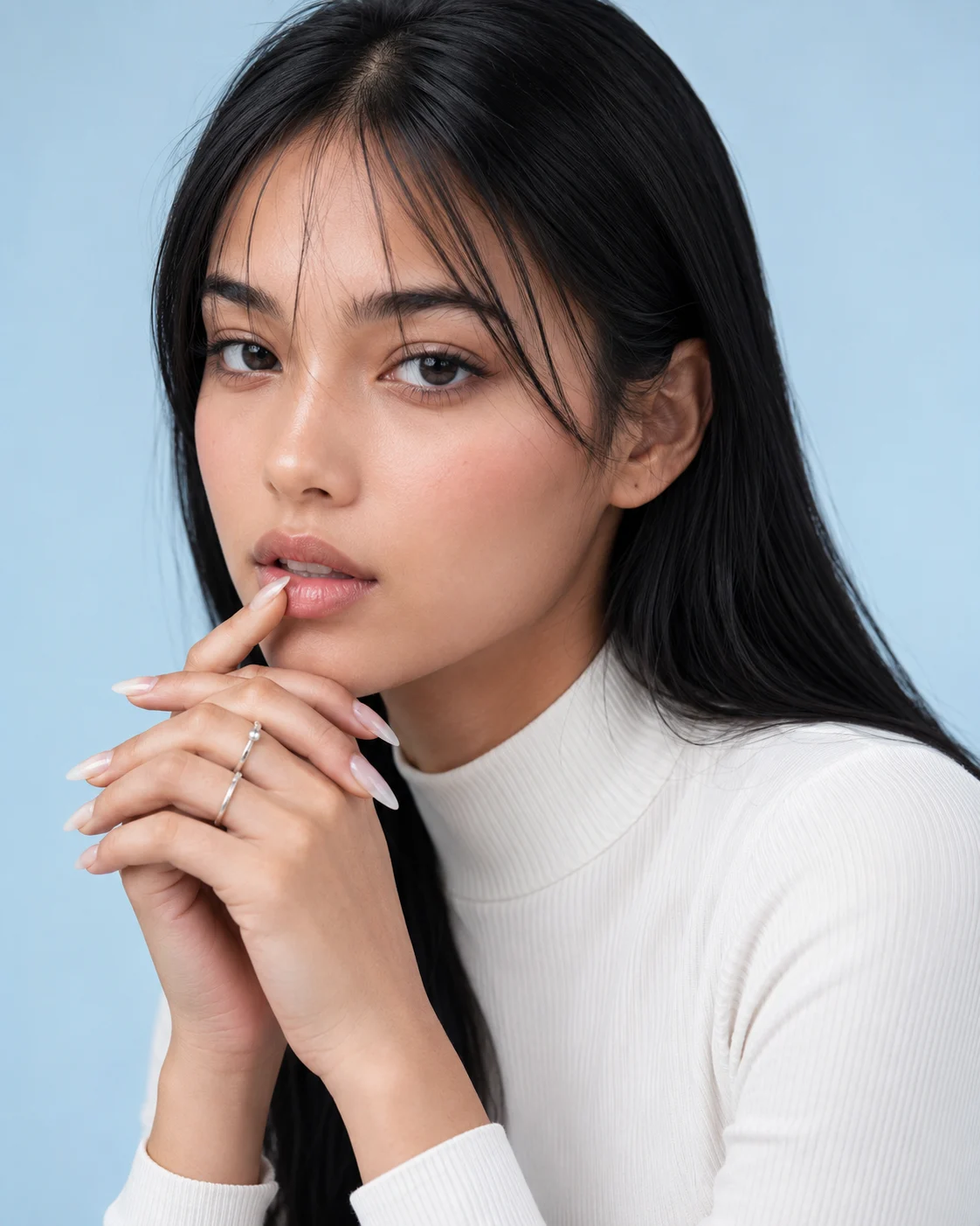Beauty portrait with long black hair, interlaced translucent nails, silver rings and an ivory mock-neck top against pale blue.
