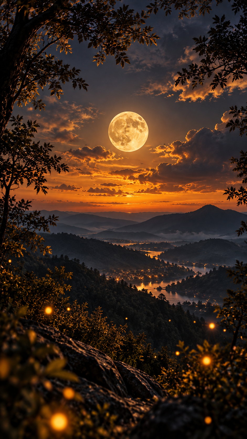 A bright full moon above a forested valley at golden dusk, framed by dark branches and glowing golden particles.