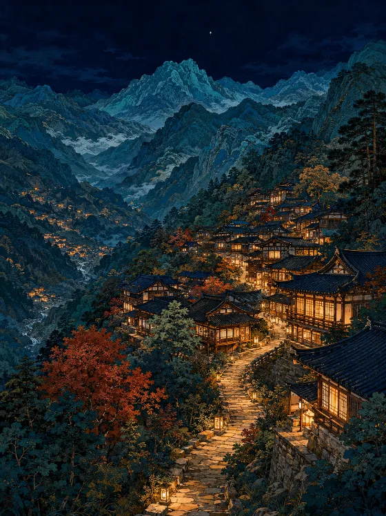 Decorative night painting of a glowing hillside village surrounded by deep blue mountain ranges and forest.