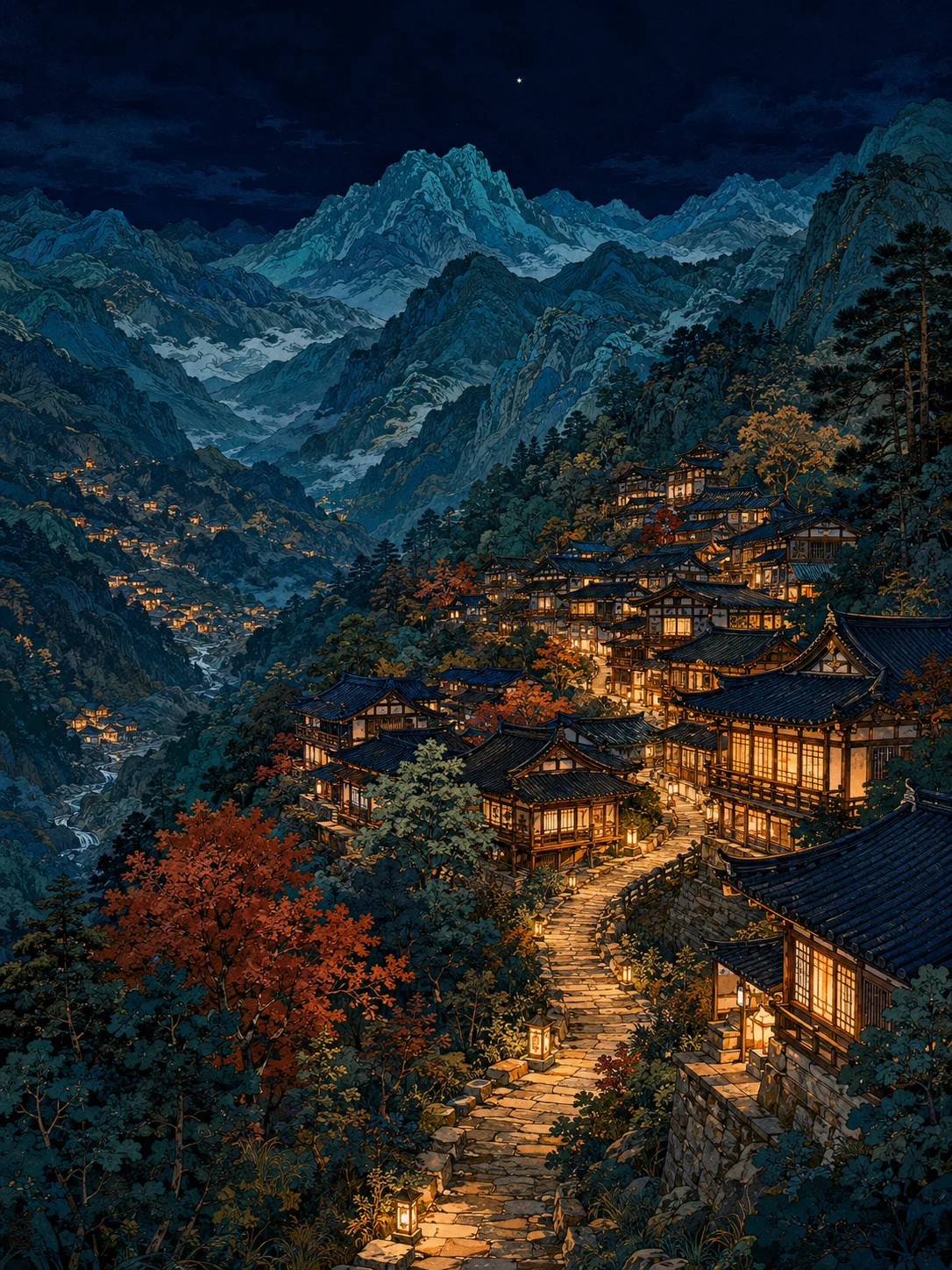 Decorative night painting of a glowing hillside village surrounded by deep blue mountain ranges and forest.