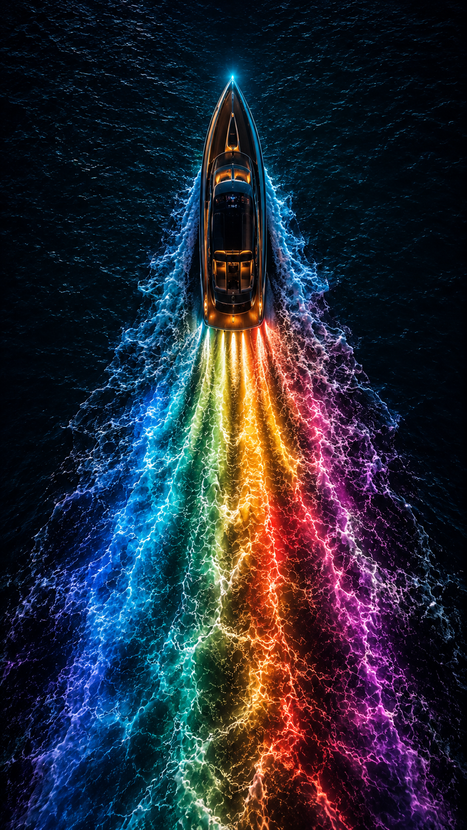 Top-down speedboat racing across dark ocean with a vivid rainbow-colored luminous wake.