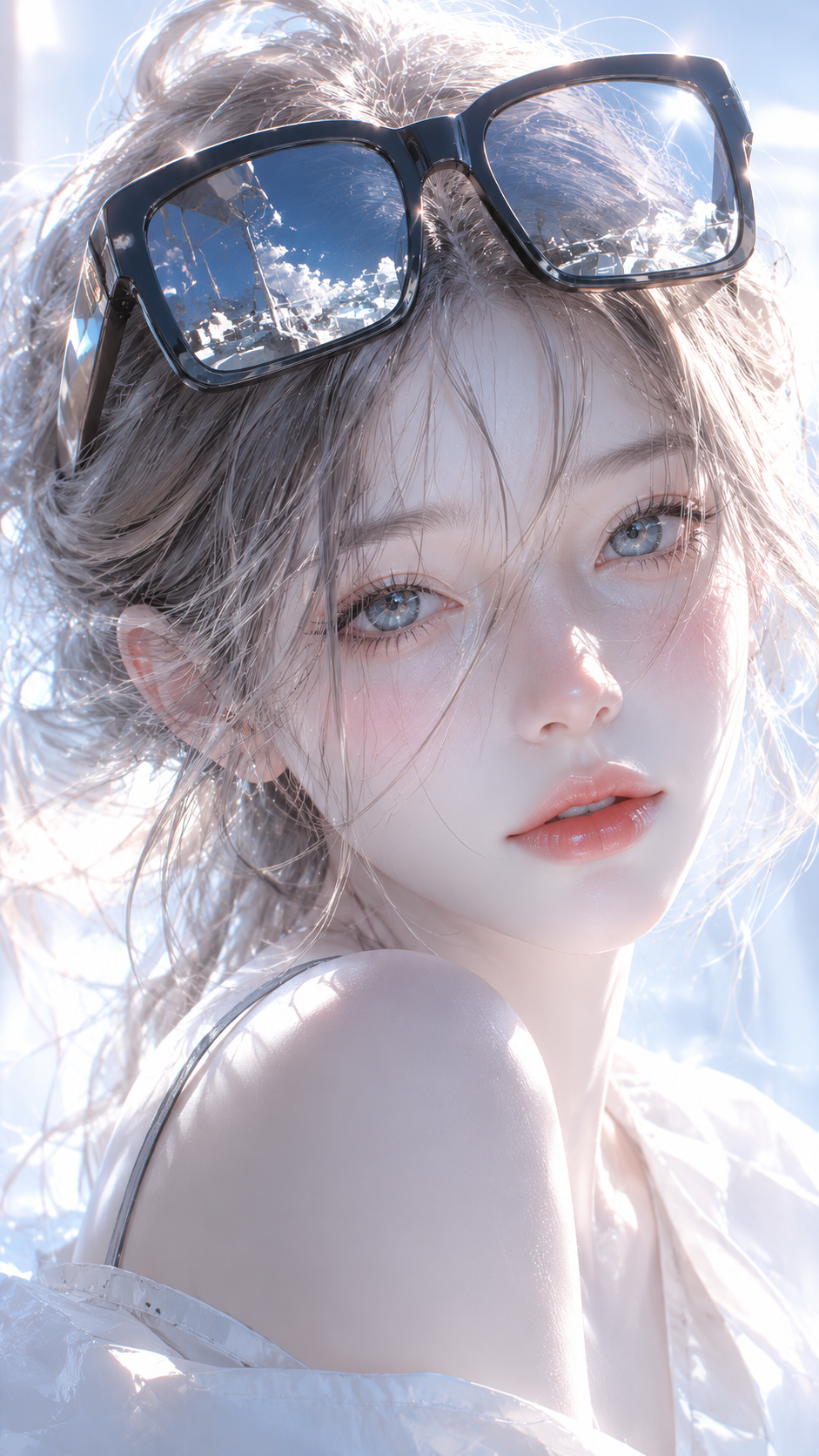 Close-up anime-inspired woman with pale blue-gray eyes, soft blonde hair, and oversized black sunglasses in luminous blue-white lighting.