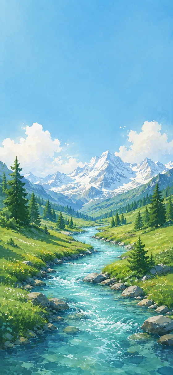 Illustrated alpine valley with a winding blue river, evergreen trees, green meadows, and snow-capped mountains beneath a bright blue sky.