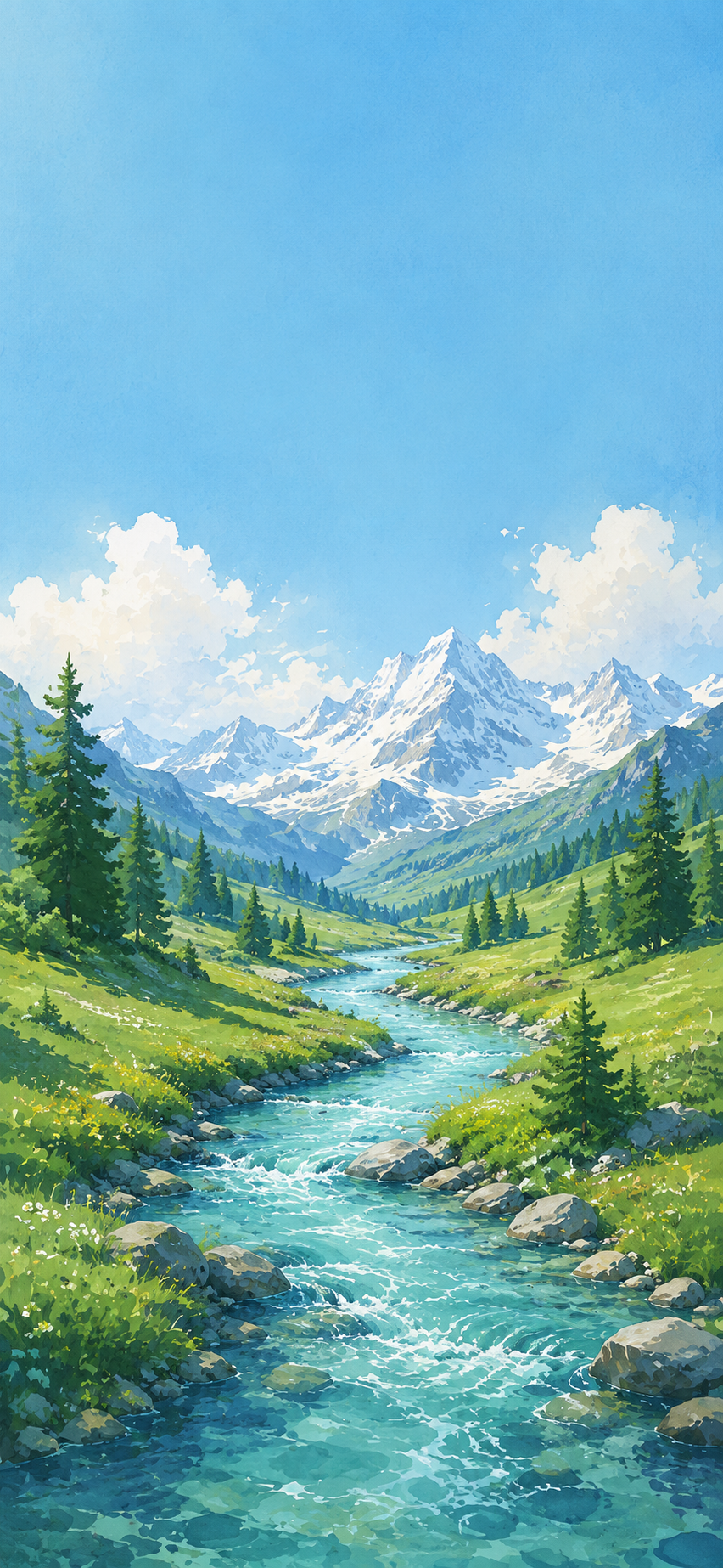Illustrated alpine valley with a winding blue river, evergreen trees, green meadows, and snow-capped mountains beneath a bright blue sky.