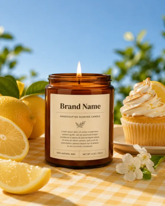 Luxury scented candle styled with lemons and bright spring-inspired lifestyle props.