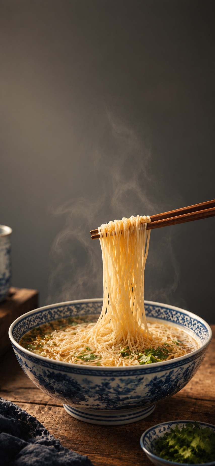 Steaming noodles lifted by chopsticks above a blue-and-white porcelain bowl on a rustic wooden table.