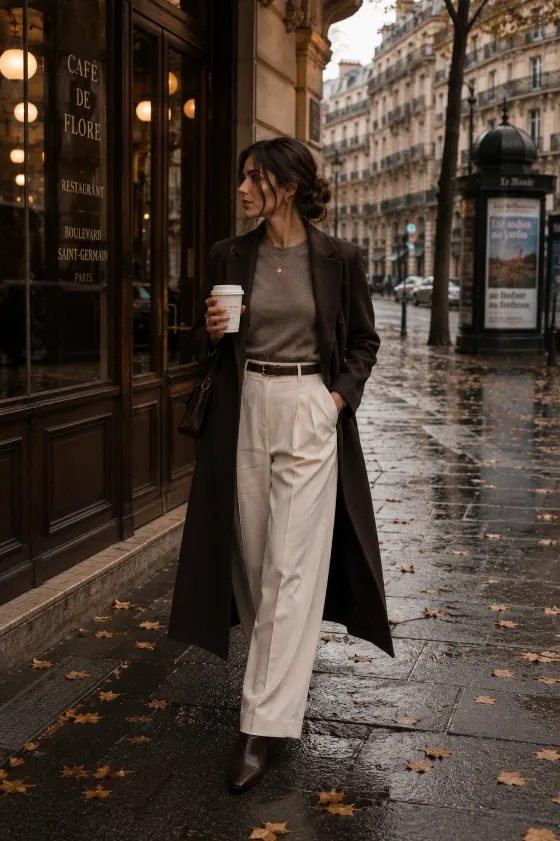 Elegant editorial portrait outside a historic café on a rainy autumn afternoon.
