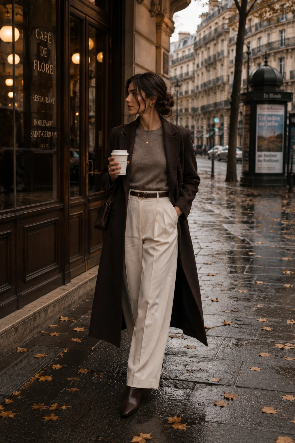 Elegant editorial portrait outside a historic café on a rainy autumn afternoon.