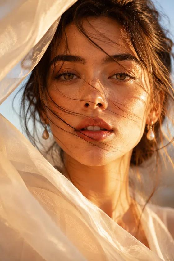 Beauty close-up with translucent ivory fabric glowing in golden sunlight and windblown chestnut hair.