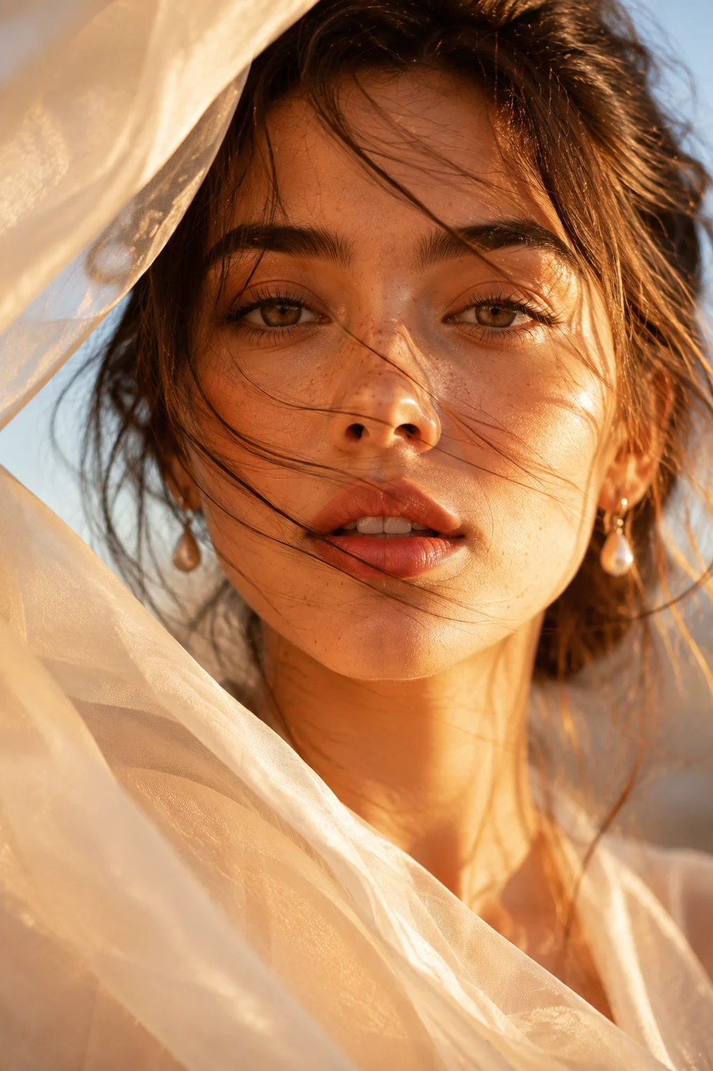 Beauty close-up with translucent ivory fabric glowing in golden sunlight and windblown chestnut hair.