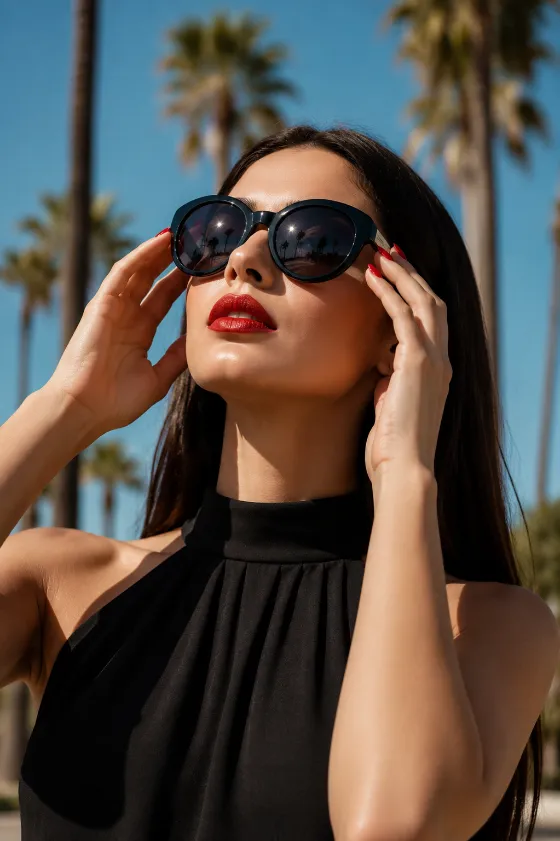 Close beauty portrait of a fashion subject wearing oversized black sunglasses in bright natural sunlight with a softly blurred background.