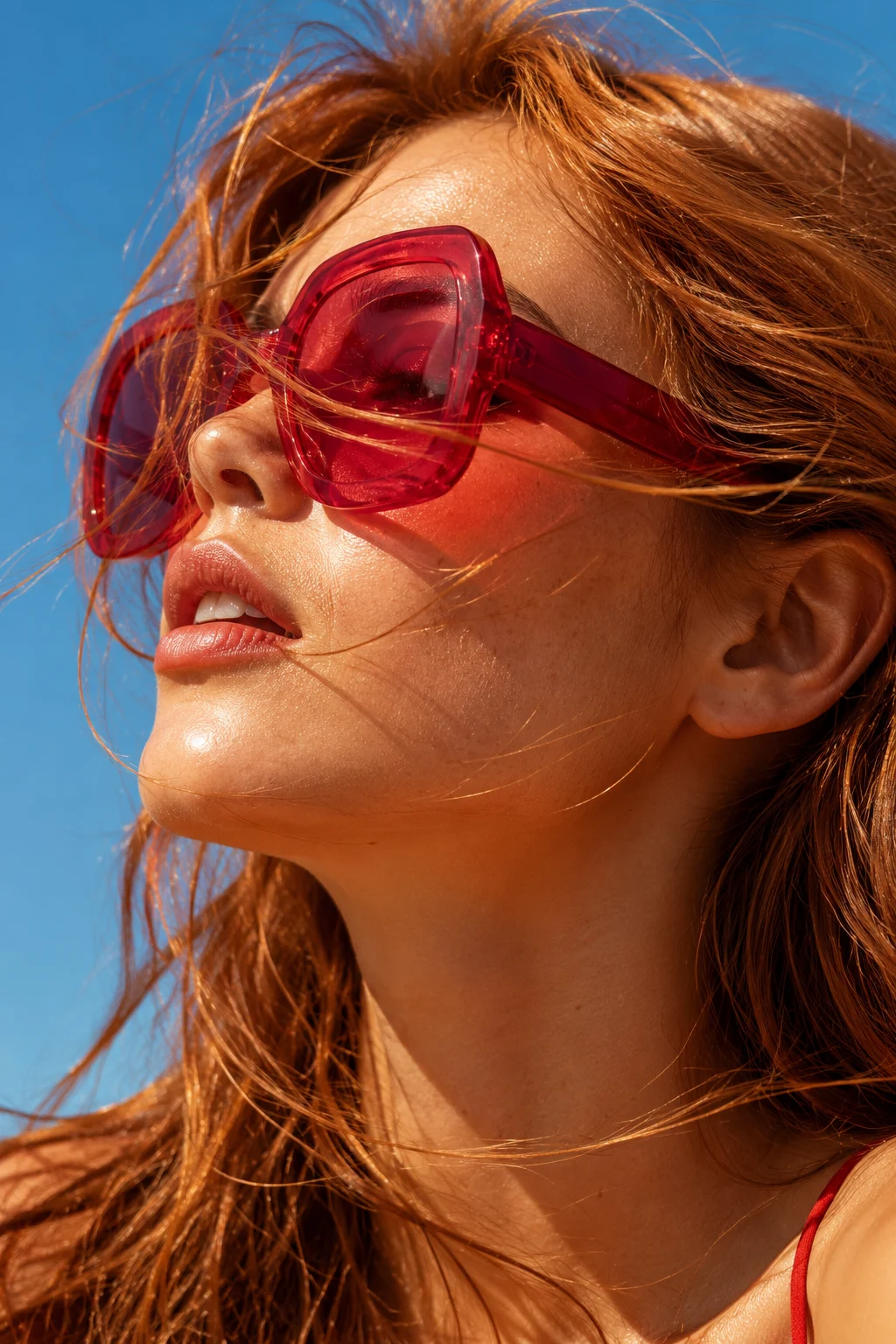 Close-up beauty portrait of a fashion subject wearing translucent red sunglasses under bright natural sunlight.