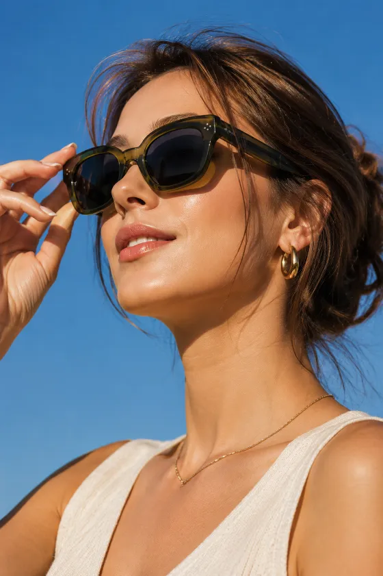 Commercial beauty portrait of a fashion subject adjusting oversized sunglasses under bright blue skies.