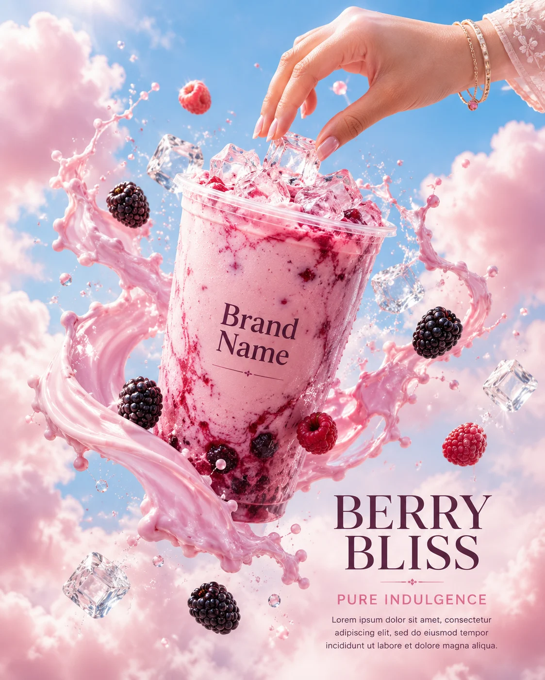 Premium berry milk drink with cinematic splash photography and floating berries.