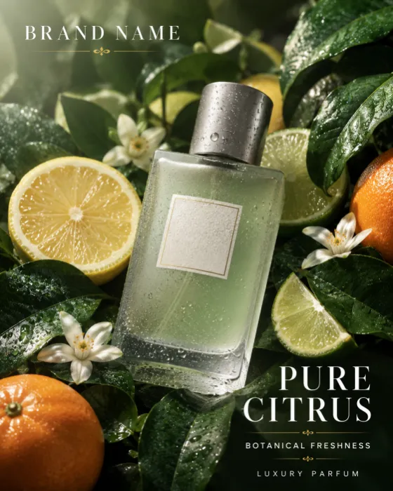 Luxury frosted perfume bottle displayed among fresh lemons, limes, mandarins, and glossy botanical leaves.