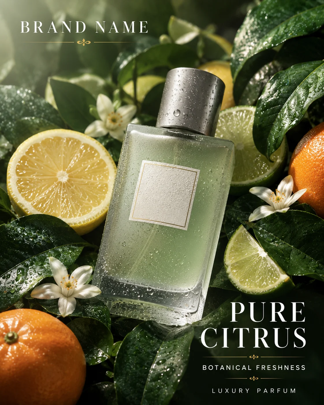 Luxury frosted perfume bottle displayed among fresh lemons, limes, mandarins, and glossy botanical leaves.