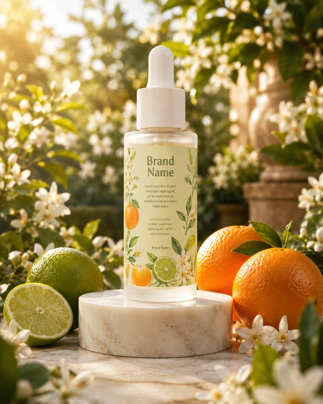 Frosted glass serum bottle with dropper cap on marble pedestal, fresh citrus fruits and white flowers in garden, golden sunlight.