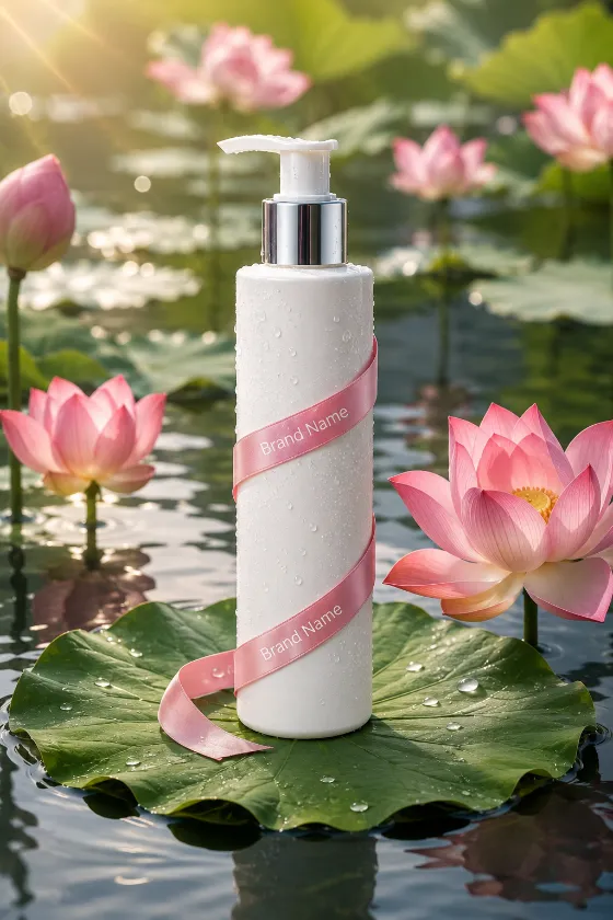 Luxury facial cleanser bottle standing on a lotus leaf in a pond with lotus flowers and water droplets.