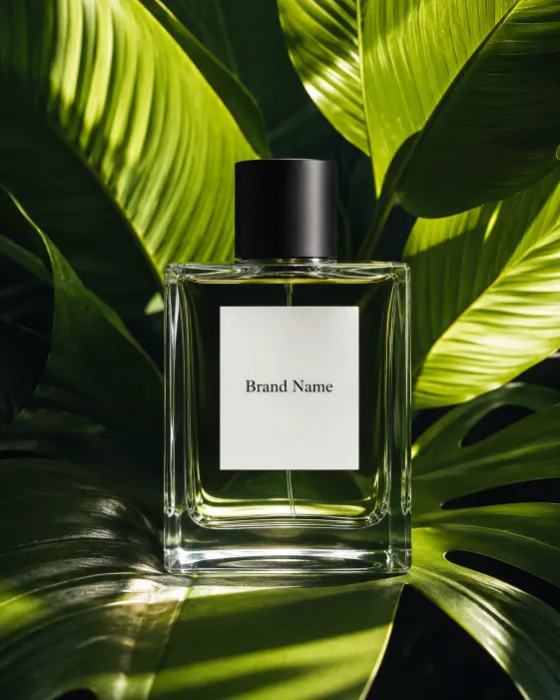 Premium perfume bottle photographed with tropical leaves and dramatic sunlight in a luxury advertising style.