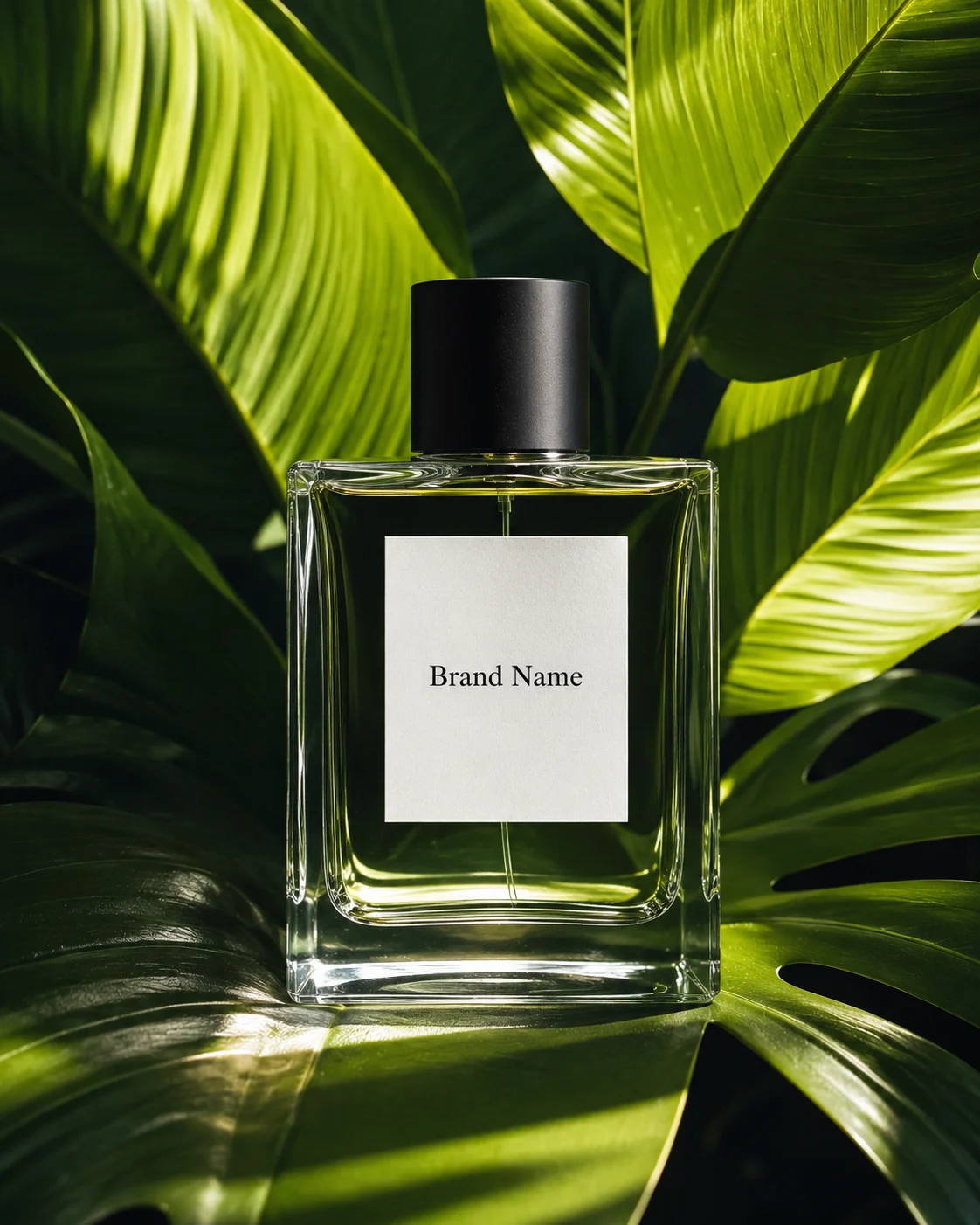 Premium perfume bottle photographed with tropical leaves and dramatic sunlight in a luxury advertising style.