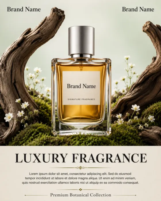 Crystal amber perfume bottle surrounded by driftwood, moss, and white wildflowers on a neutral studio background.