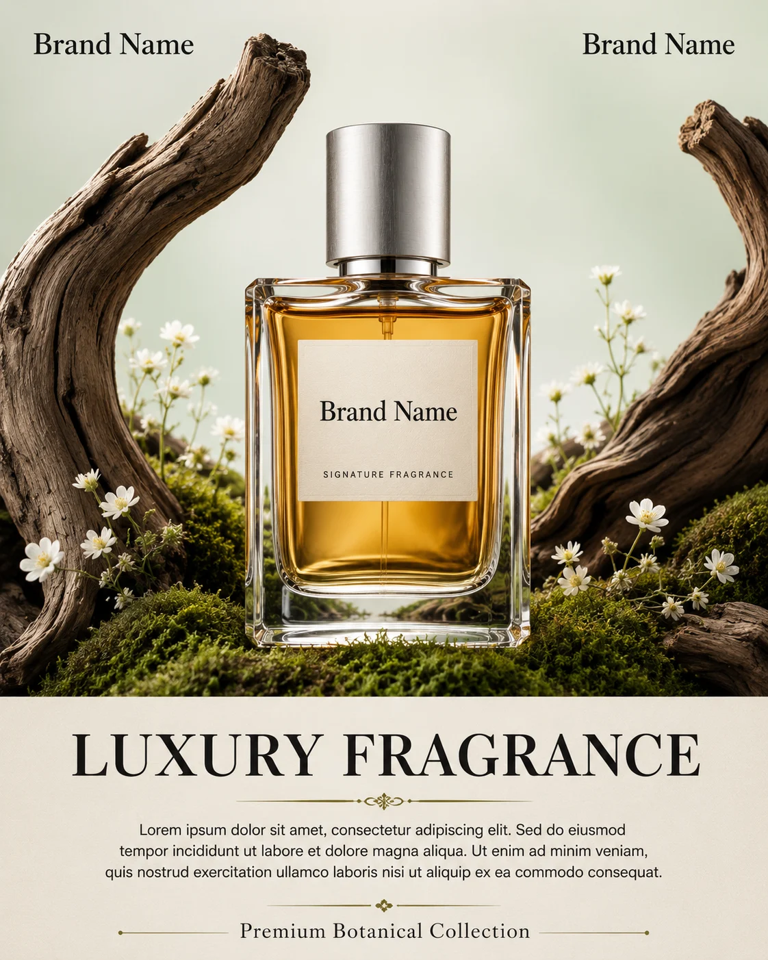 Crystal amber perfume bottle surrounded by driftwood, moss, and white wildflowers on a neutral studio background.