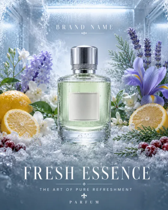 Luxury crystal perfume bottle surrounded by citrus fruits, flowers, and crystal ice inside a frosted premium display.