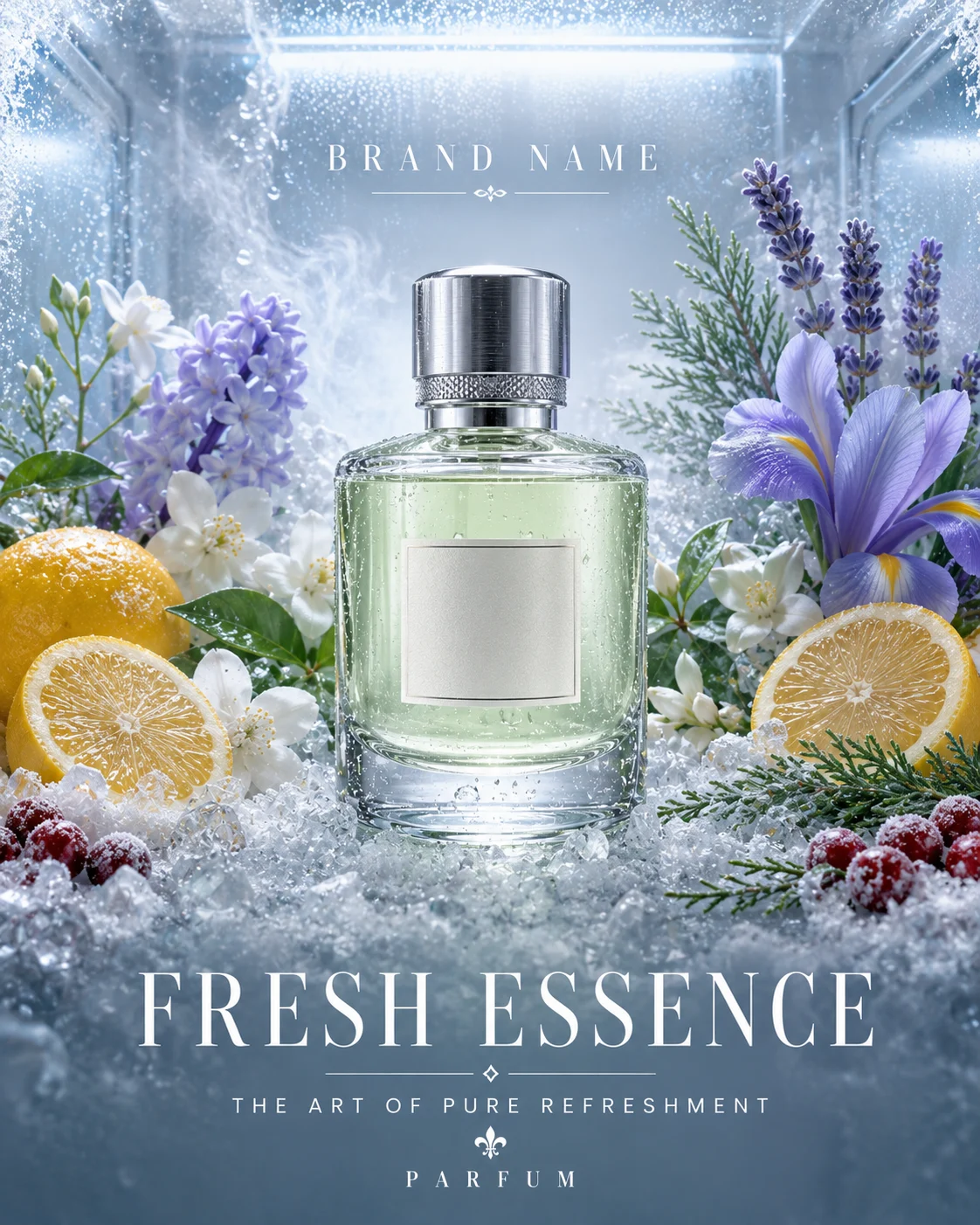 Luxury crystal perfume bottle surrounded by citrus fruits, flowers, and crystal ice inside a frosted premium display.