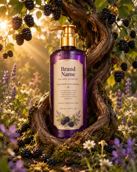 Luxury purple shampoo bottle with gold pump surrounded by blackberries and wildflowers in a golden orchard setting.