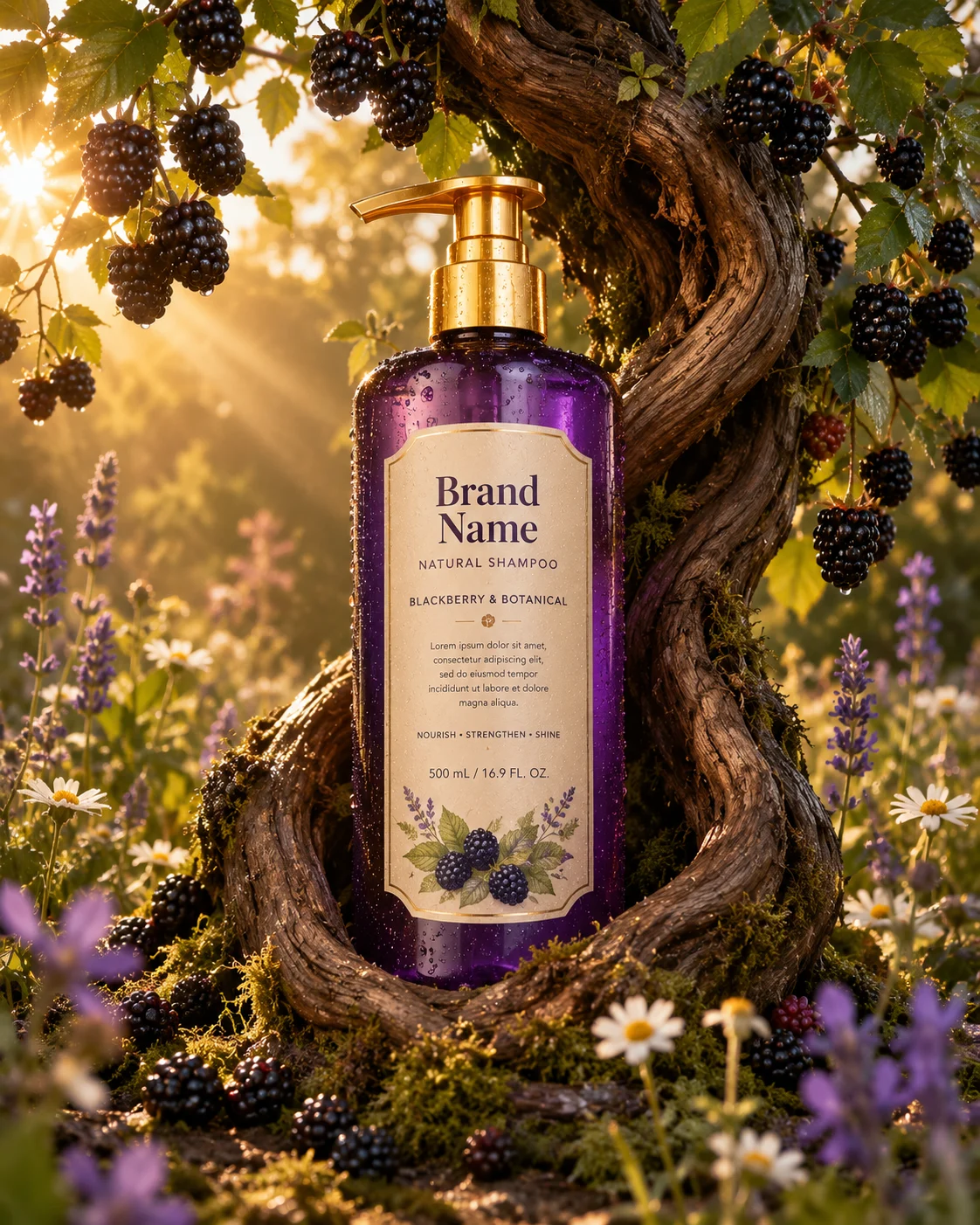 Luxury purple shampoo bottle with gold pump surrounded by blackberries and wildflowers in a golden orchard setting.
