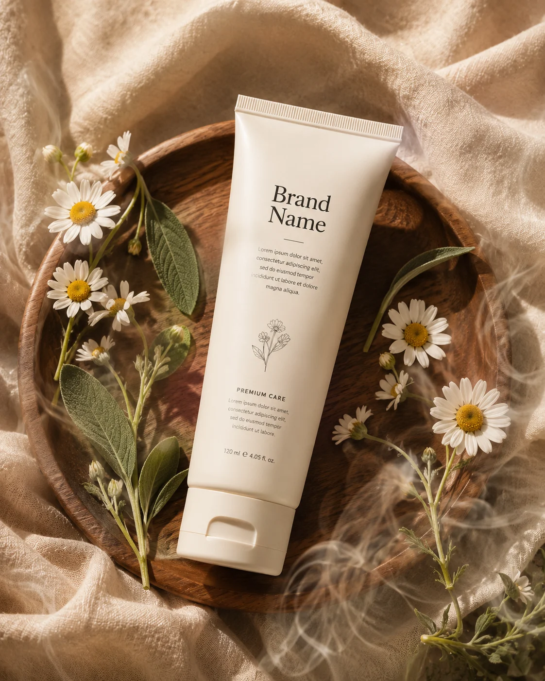 Luxury skincare packaging photographed with natural botanicals and elegant spa-inspired styling.