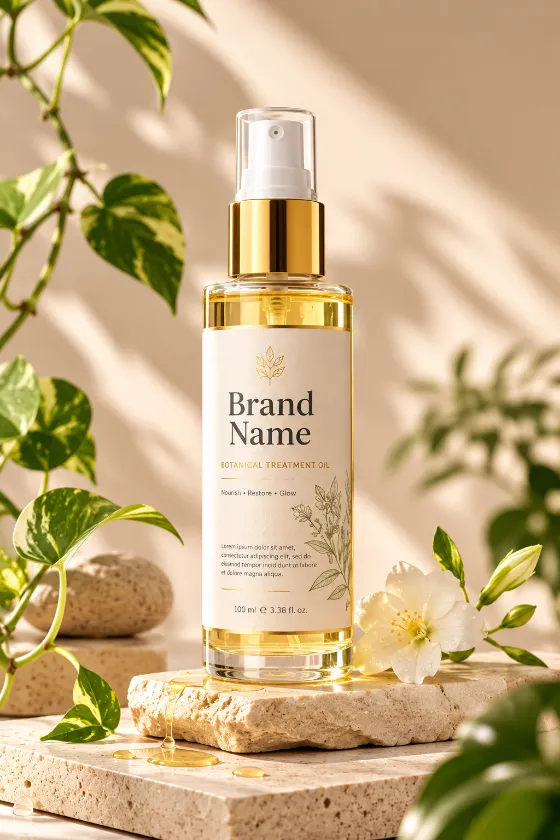 Luxury botanical treatment oil in a clear glass pump bottle displayed on natural stone with green foliage and white flowers.