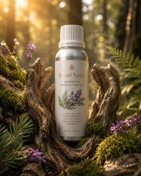 Premium cedarwood aroma diffuser oil bottle with a brushed aluminum body, set among moss-covered roots, ferns, and wildflowers in a sunlit forest.