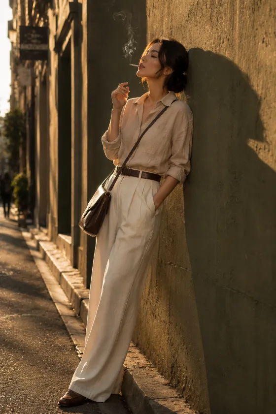 Fashion subject wearing relaxed linen tailoring standing against an olive-green wall in warm golden-hour light.