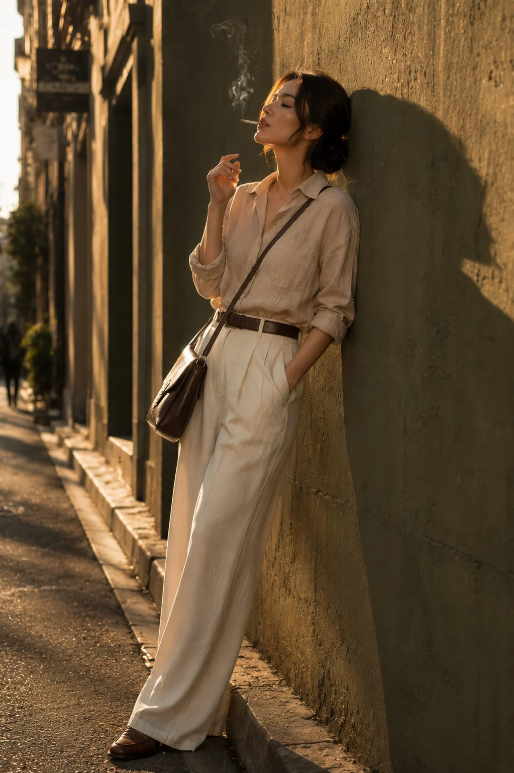 Fashion subject wearing relaxed linen tailoring standing against an olive-green wall in warm golden-hour light.