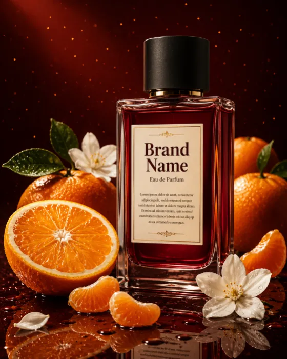 Premium perfume bottle with oranges and jasmine flowers in a luxury commercial campaign.