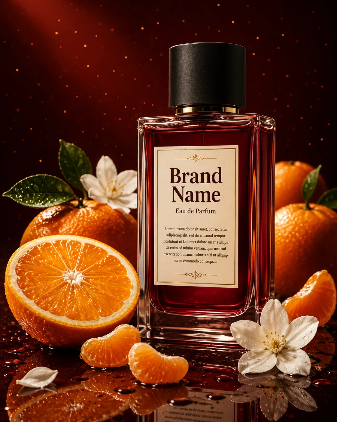 Premium perfume bottle with oranges and jasmine flowers in a luxury commercial campaign.