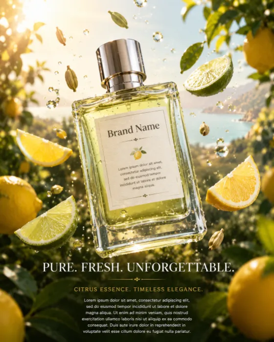 A luxury glass perfume bottle with citrus-green liquid surrounded by floating lemon wedges, lime wedges, cardamom pods, and leaves in a sunlit orchard.
