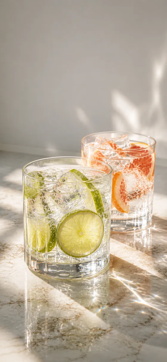 Two crystal-clear glasses filled with sparkling water, citrus slices, and ice on a marble countertop in bright natural sunlight.
