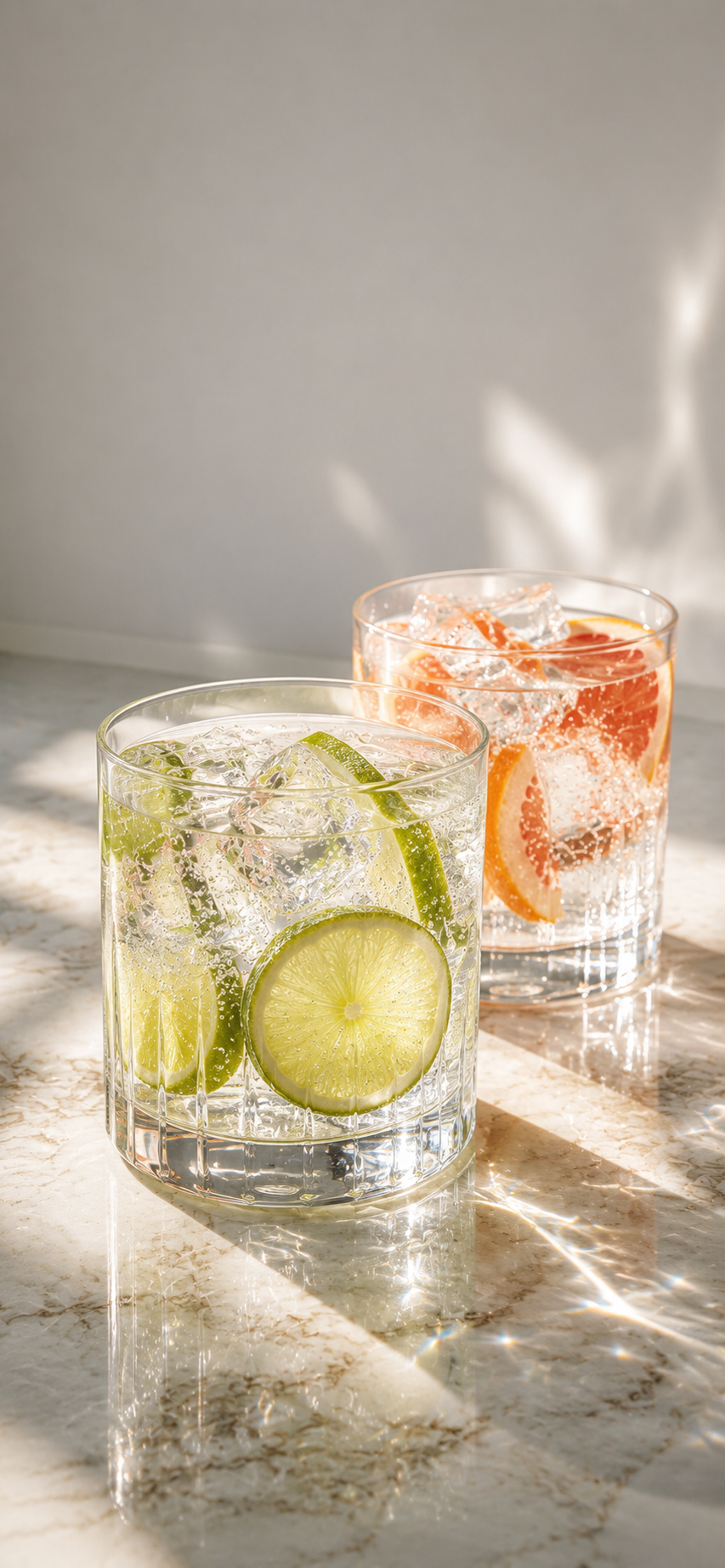 Two crystal-clear glasses filled with sparkling water, citrus slices, and ice on a marble countertop in bright natural sunlight.