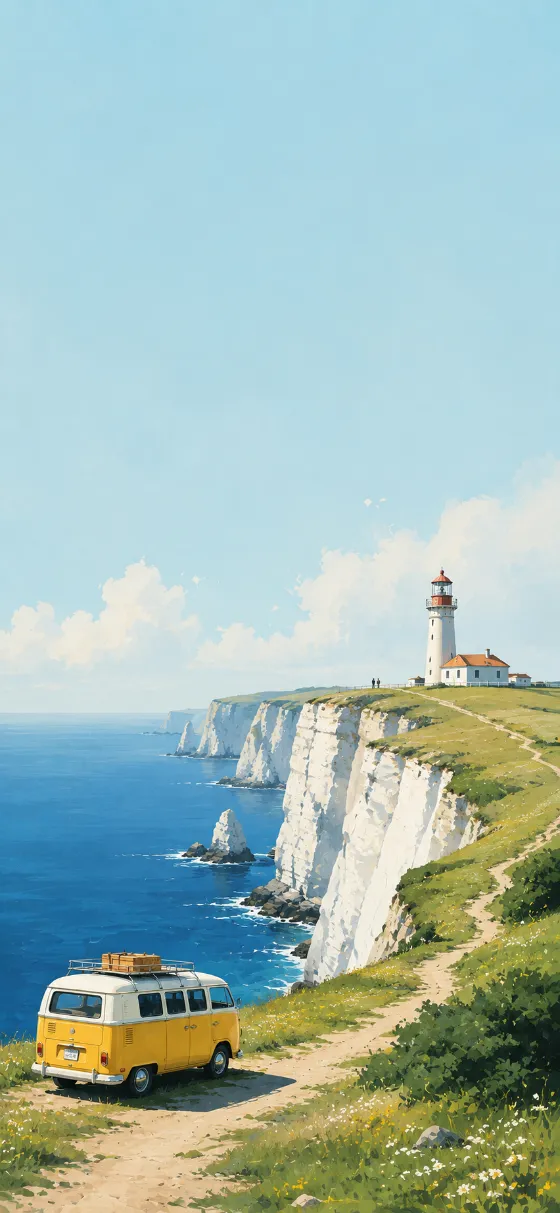 Illustrated white sea cliffs with a lighthouse overlooking a calm blue ocean and a yellow camper van below.