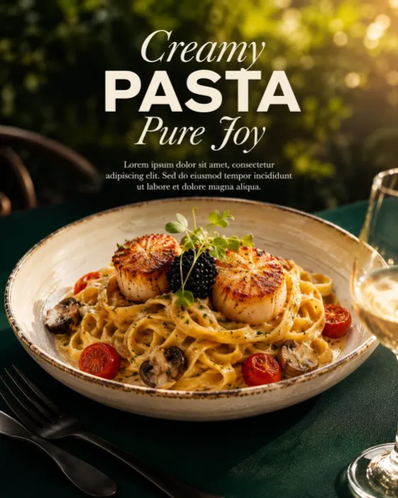 Premium seafood pasta served outdoors with elegant restaurant styling and warm natural light.