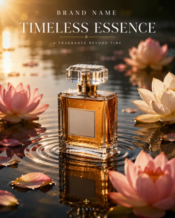 Luxury perfume bottle displayed on reflective water with blooming lotus flowers.