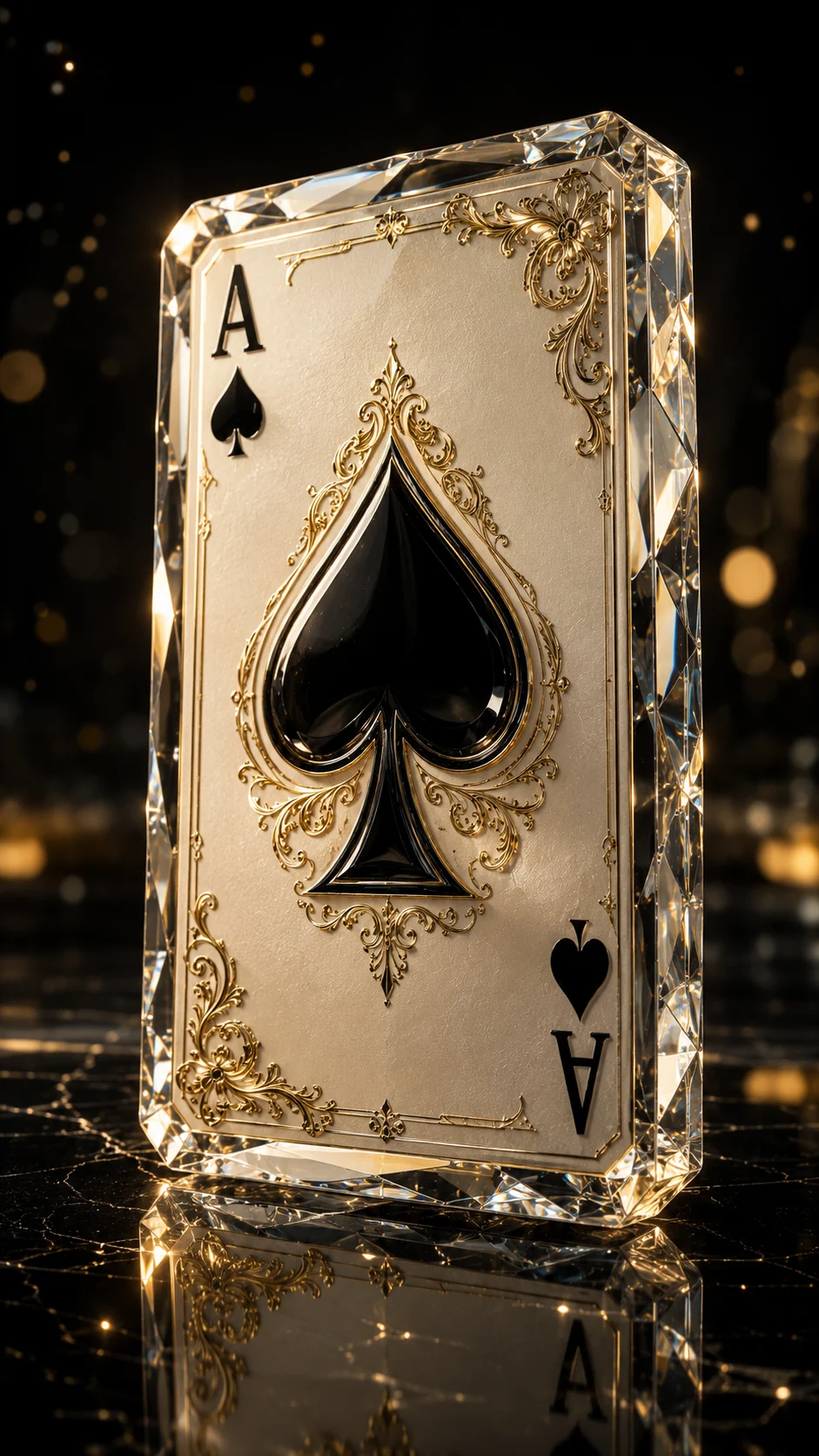 Ornate crystal playing card with gold filigree, black spade emblem, and cinematic reflections.