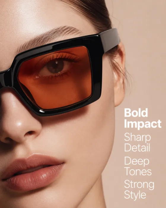 Ultra-close beauty portrait featuring oversized black sunglasses with amber lenses in a luxury editorial composition.