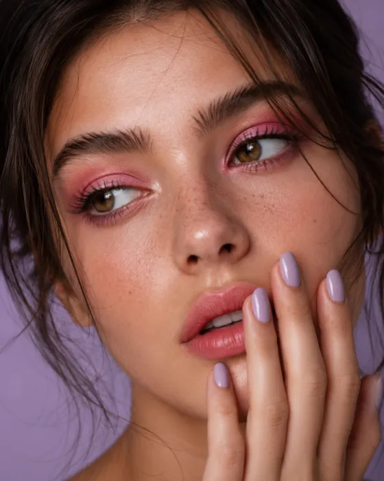 Extreme editorial beauty portrait with pink eye makeup, freckles and lavender manicure.
